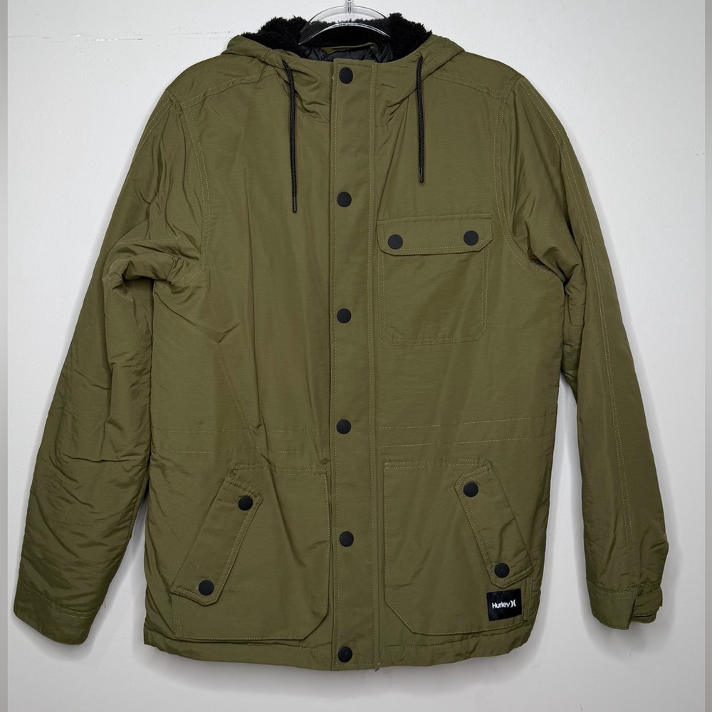 Hurley Olive Green Hooded Field Jacket Military Snowboard Ski Hooded Button/Zip
